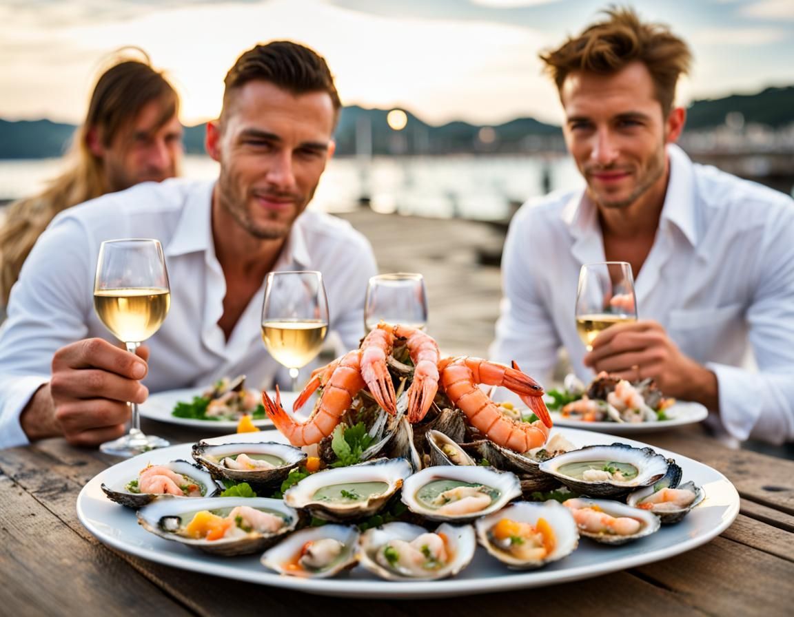 Artistic Seafood Platter on Shore with Wine