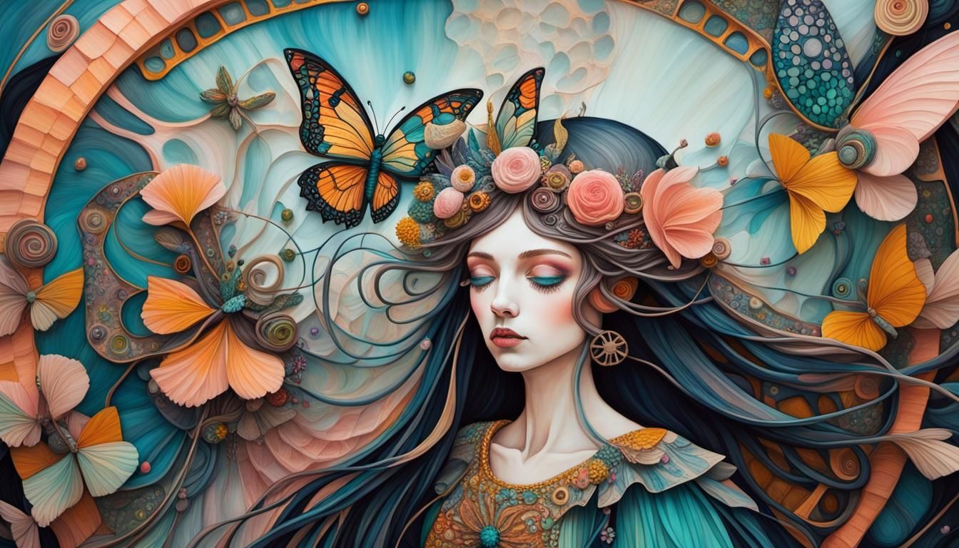 Surreal Portrait with Butterfly Wings in Klimt Style