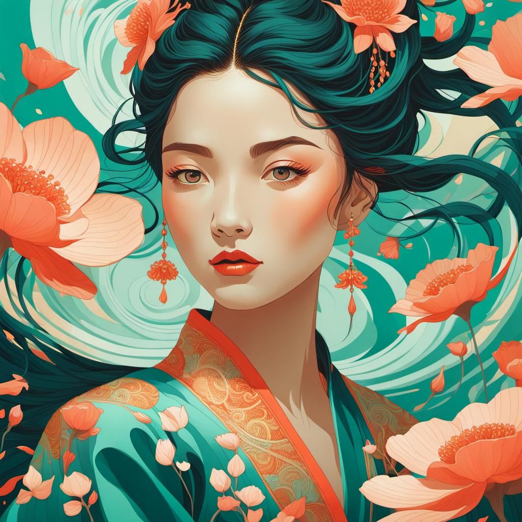 Dancer Commands Swirling Petals in Victo Ngai Style