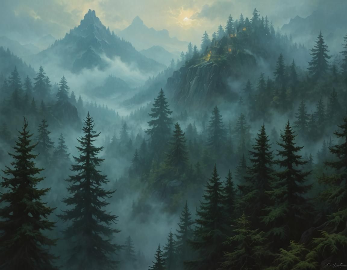 Wolfenvald's Dark Evergreen Realms in Ethereal Fantasy Style