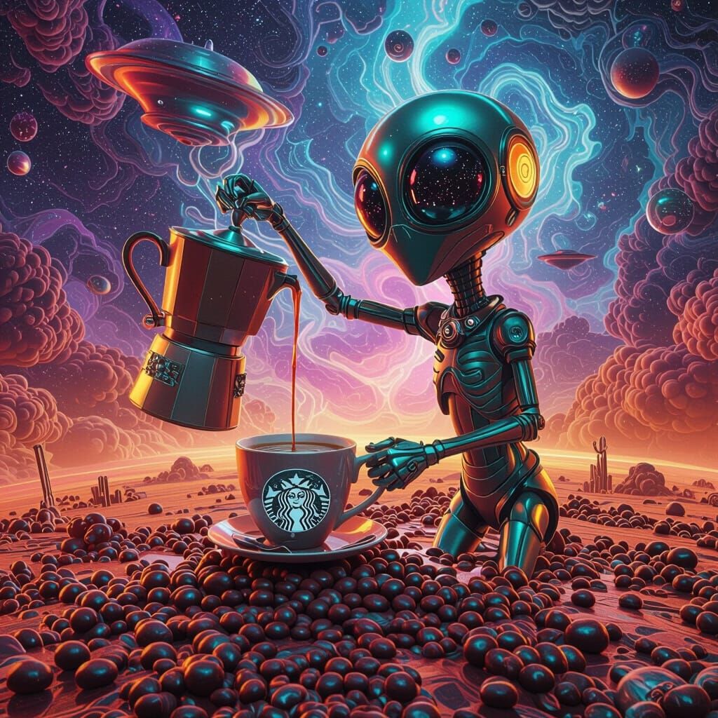 Surreal Alien Coffee Drinker in Cosmic Clouds