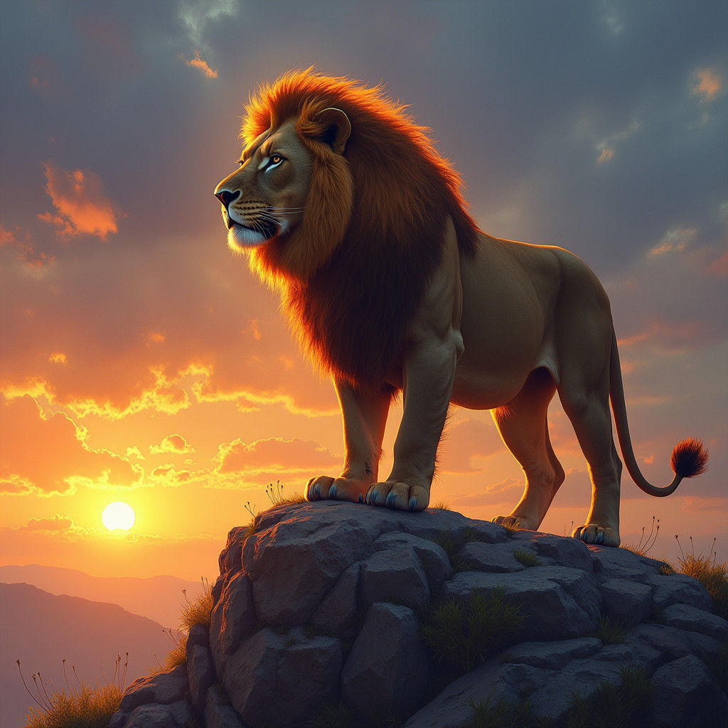 Lion on Rocky Outcrop at Sunset: Oil Painting