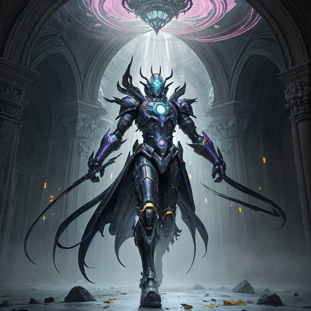 Mecha in Crumbling Temple with Prismatic Lighting