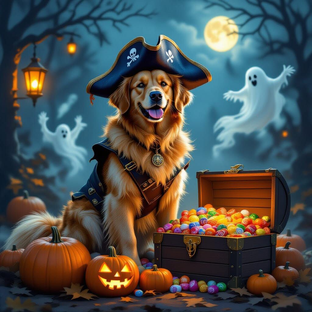 Golden Retriever Pirate with Pumpkin Treasure Chest