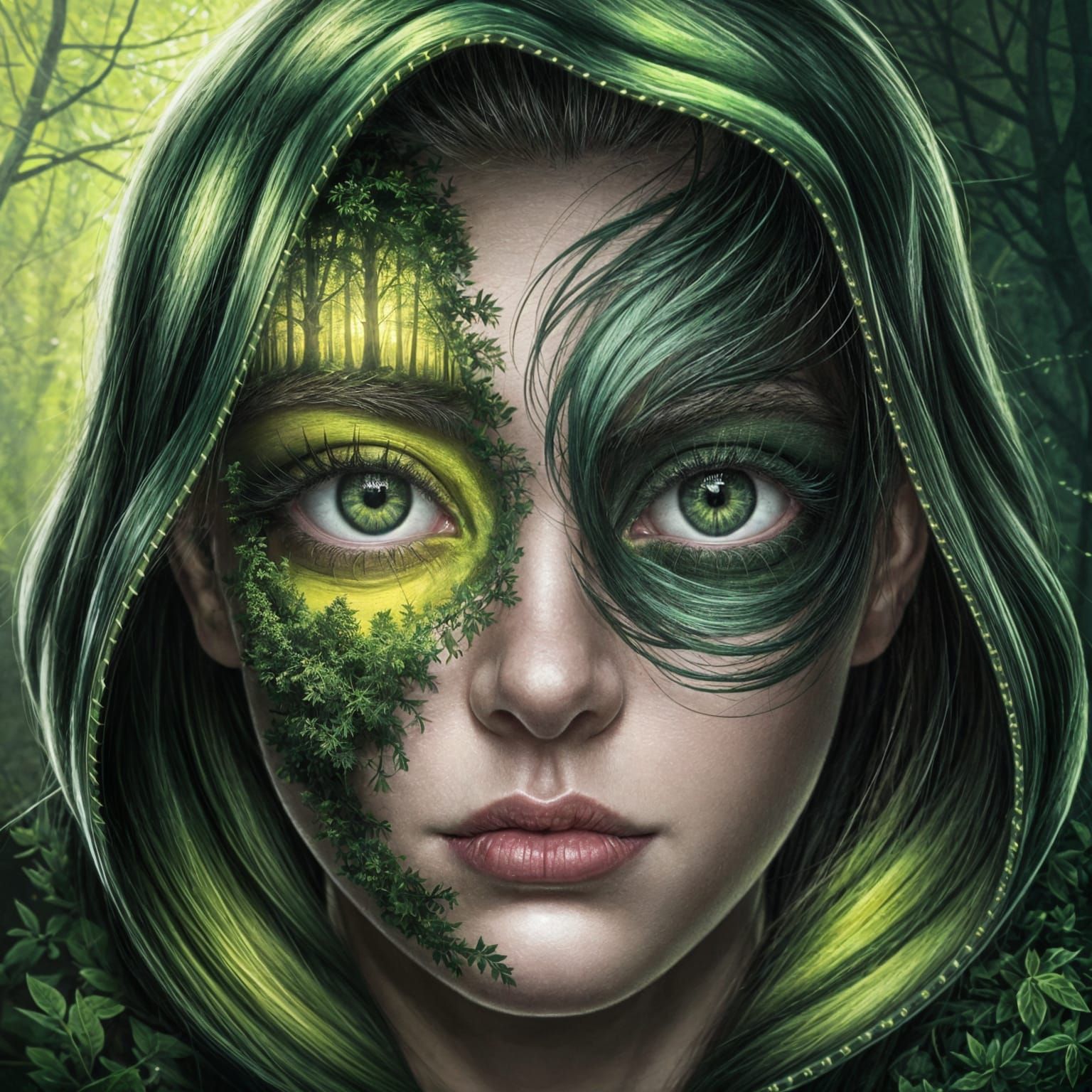Ethereal Green-Eyed Enigma in Mossy Forest Landscape