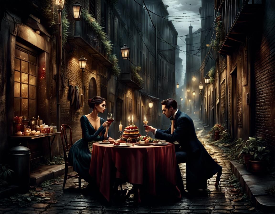 Elegant Couple's Gourmet Meal in Dirty Alleyway