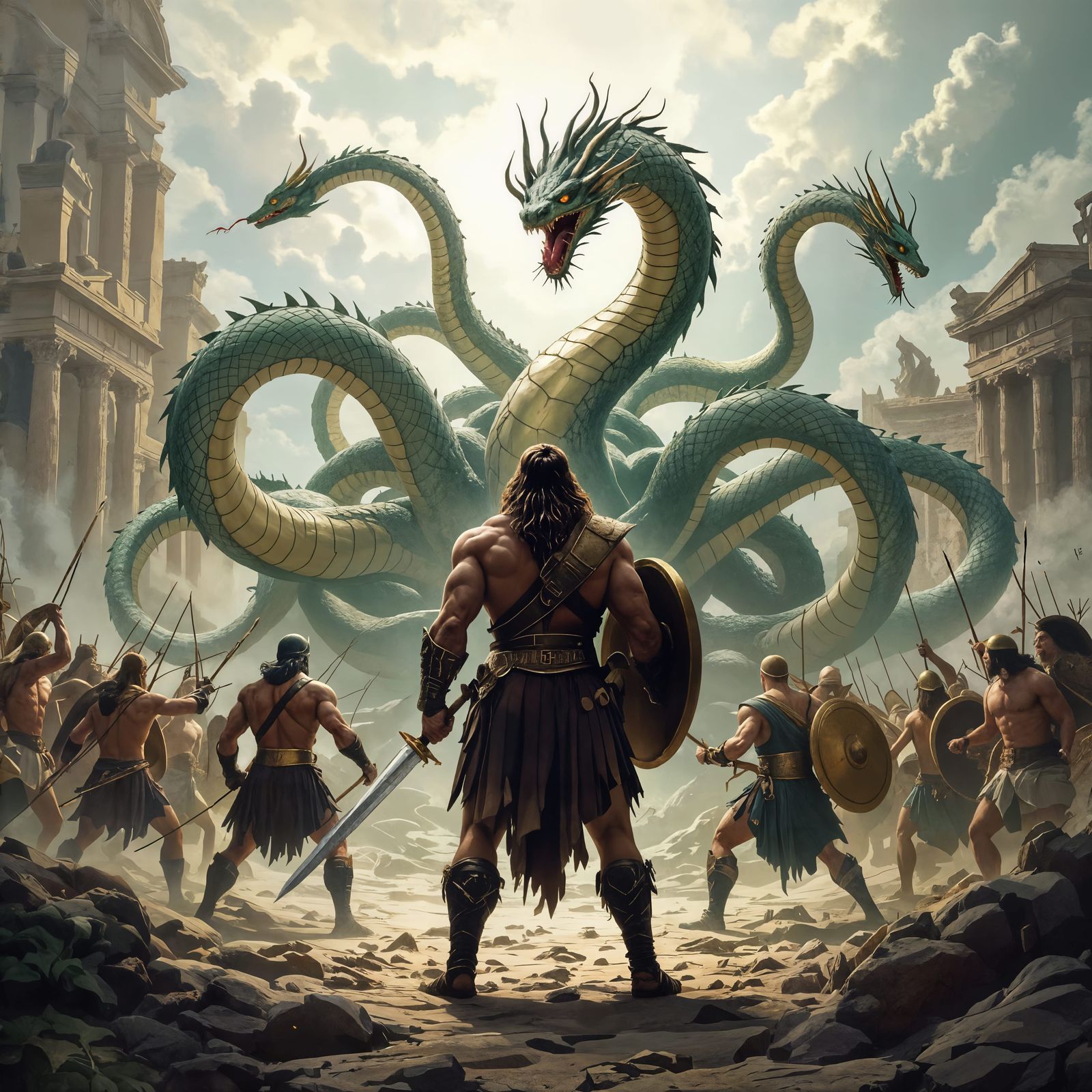 Hercules Confronts the Hydra in Mythic Battle