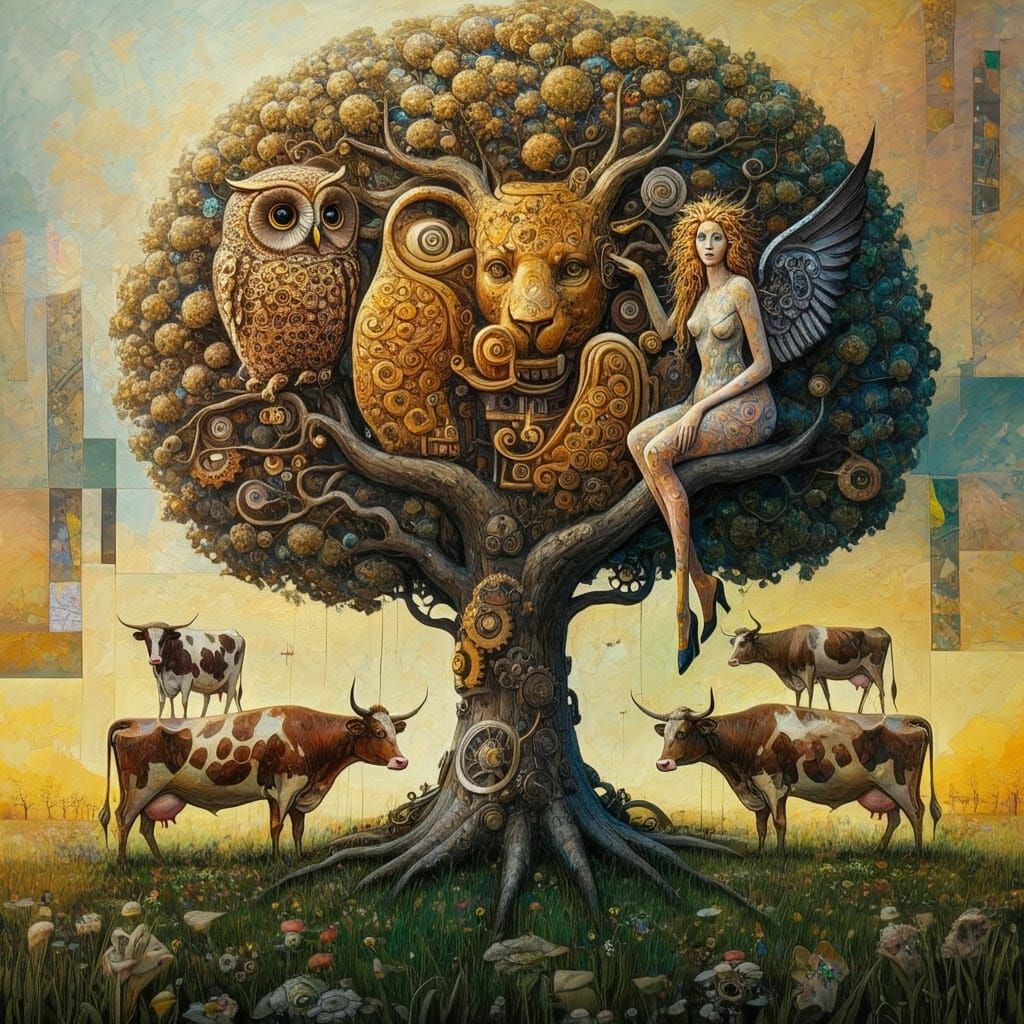 Surreal Steampunk Forest Scene in Impasto Style