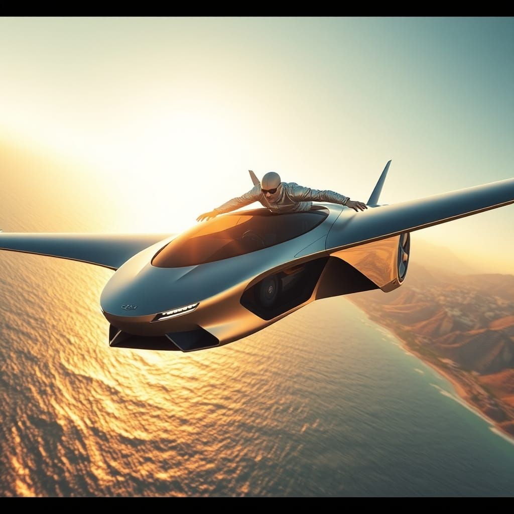 Futuristic Flying Car Soaring Over the Mediterranean