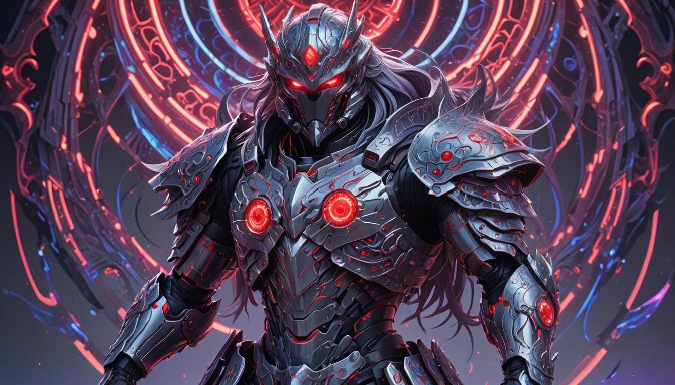 Anime Warrior with Red Neon Aura in 3D Shading