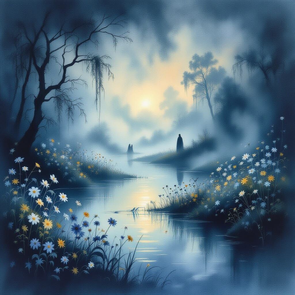 Dreamlike Watercolor Landscape of Life and Death