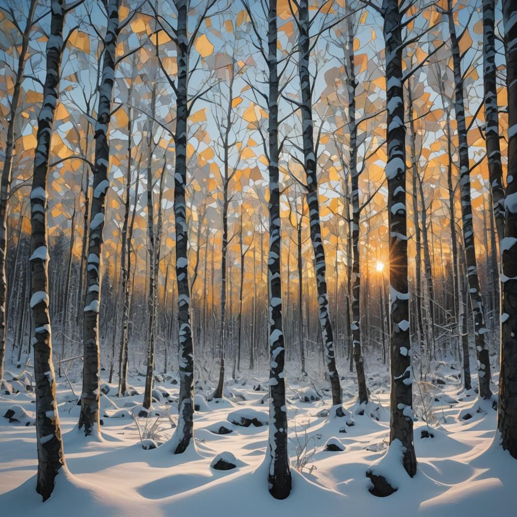 Surreal Midnight Sun Over Snow-Covered Woods in Cubist Style