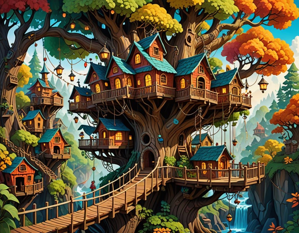 Whimsical Treehouse Village in a Storybook World