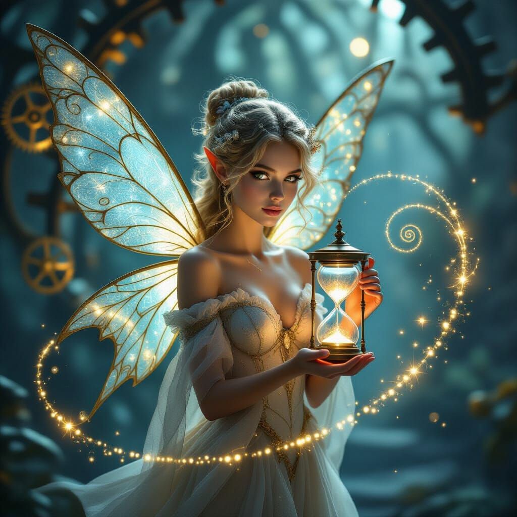 Time Fairy Among Clockwork Gears in Surreal Golden Blue Ligh...