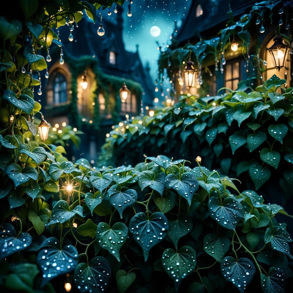 Enchanted Midnight Garden with Shimmering Dew Drops