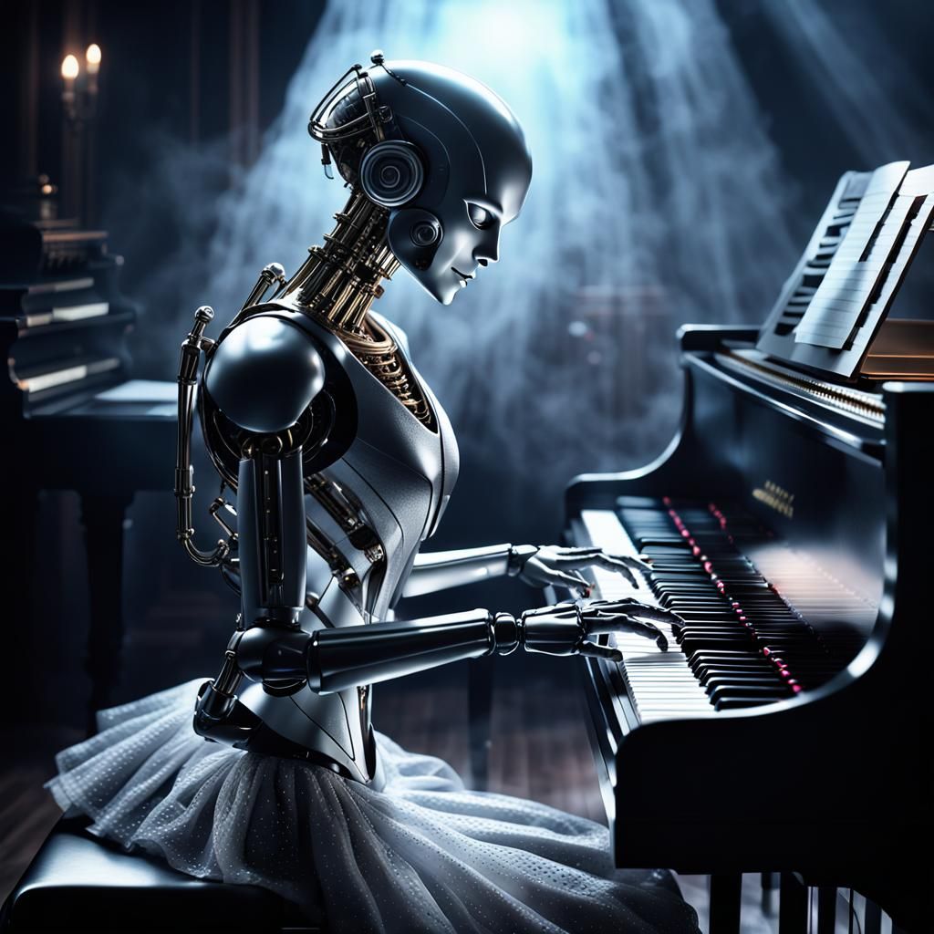 Female Robot Concert Pianist in Digital Art Style