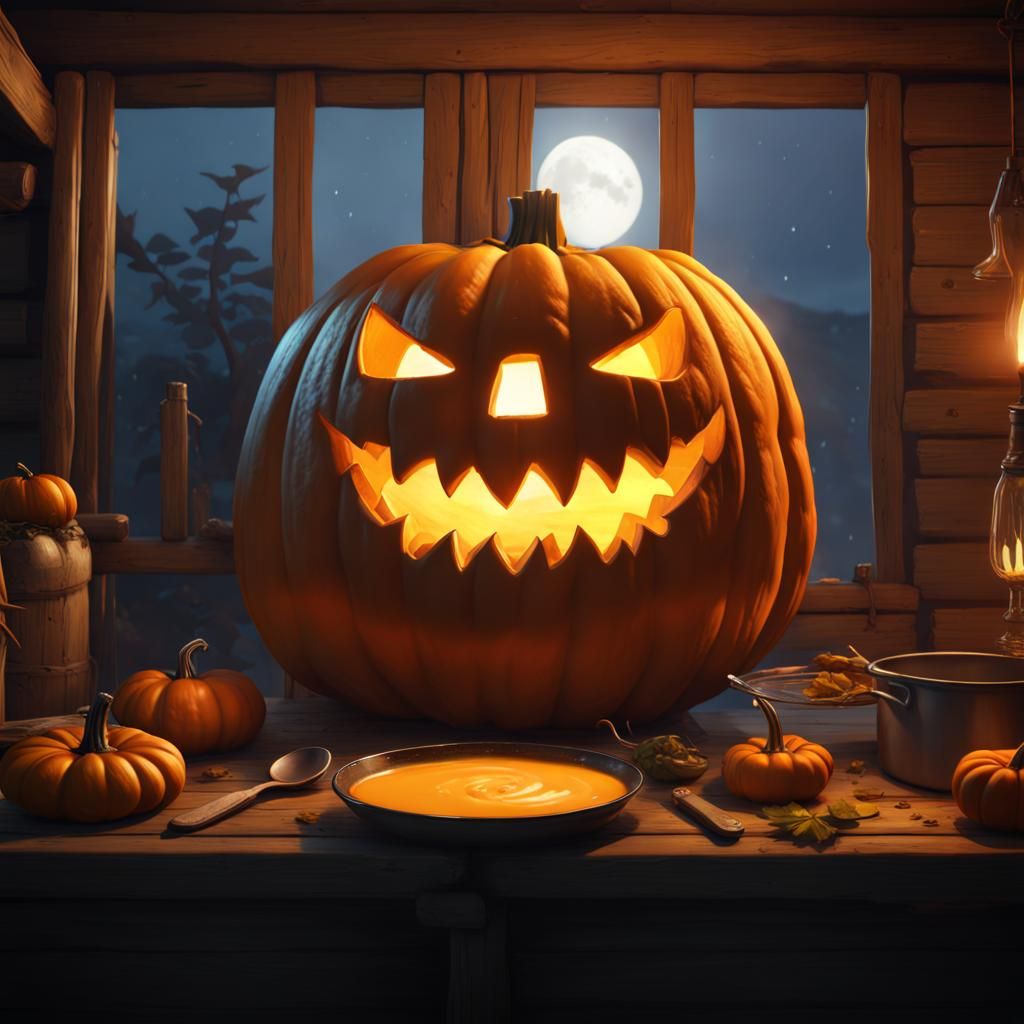 Pumpkin Cooks Soup: Detailed Matte Painting