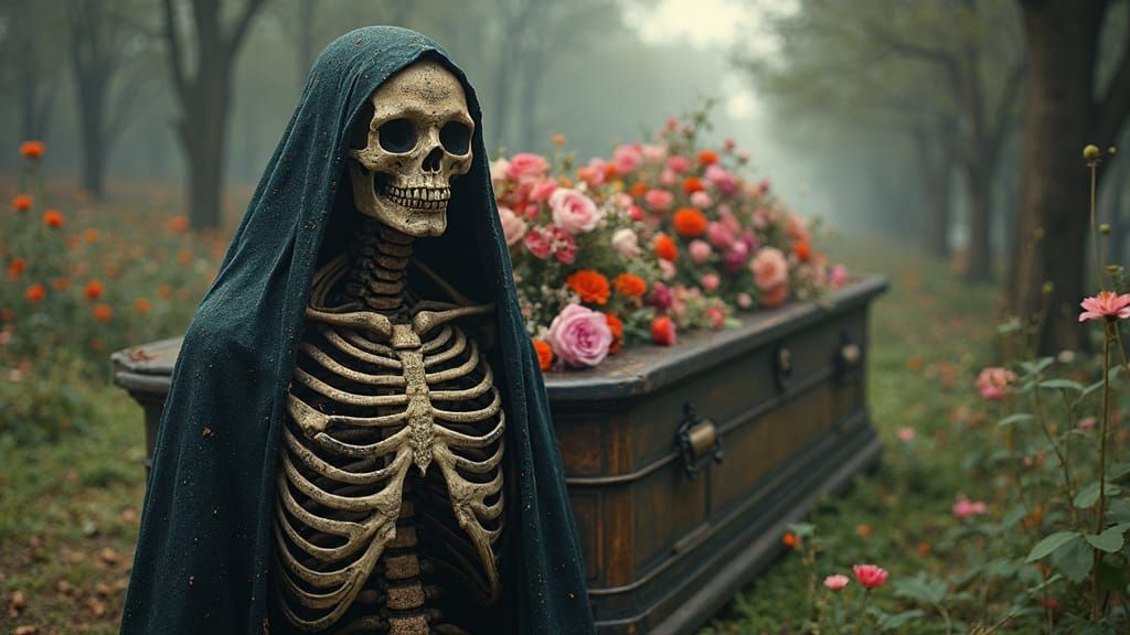 Spectral Figure at Funeral Procession in Gothic Surrealism