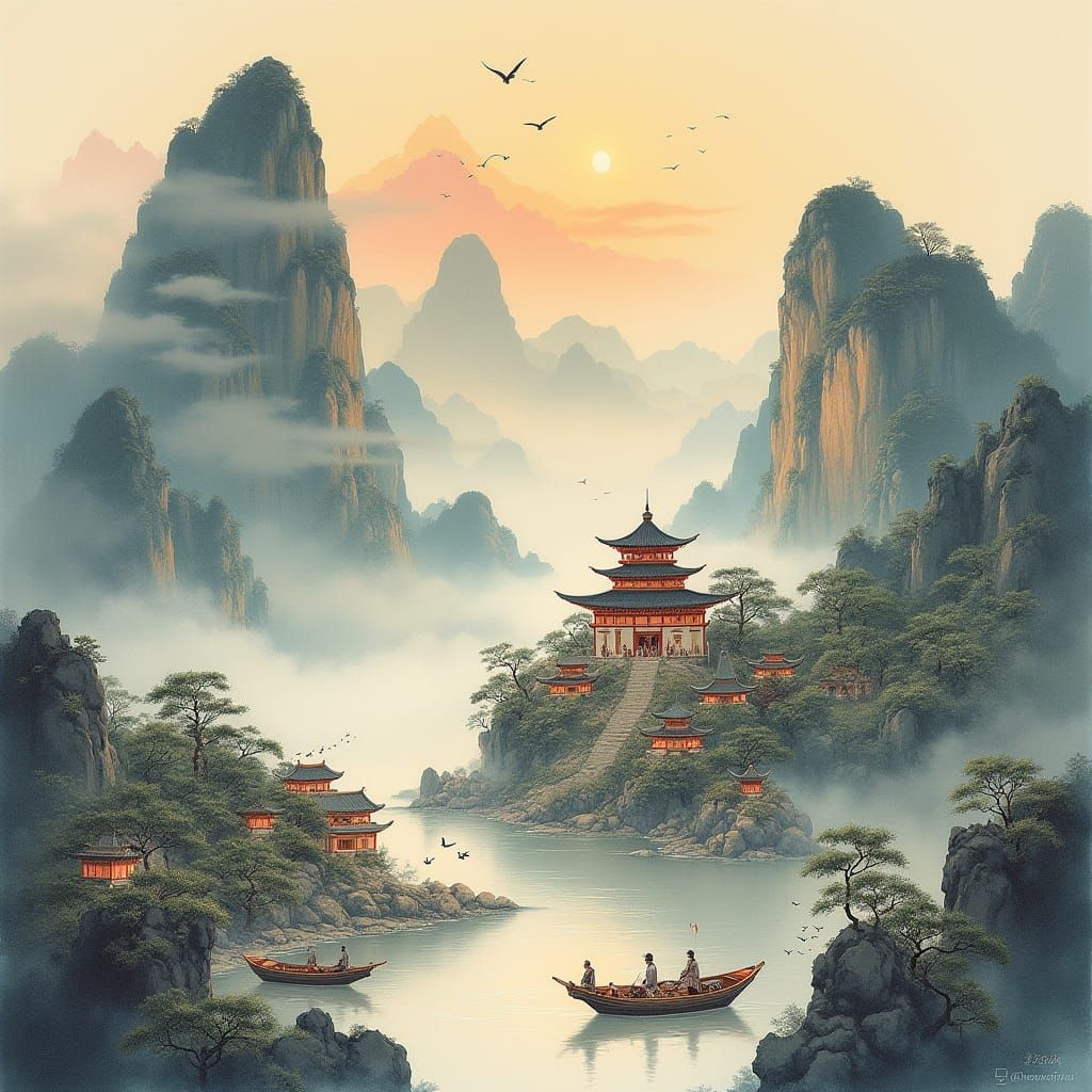 Chinese Mountain Landscape in Dusk