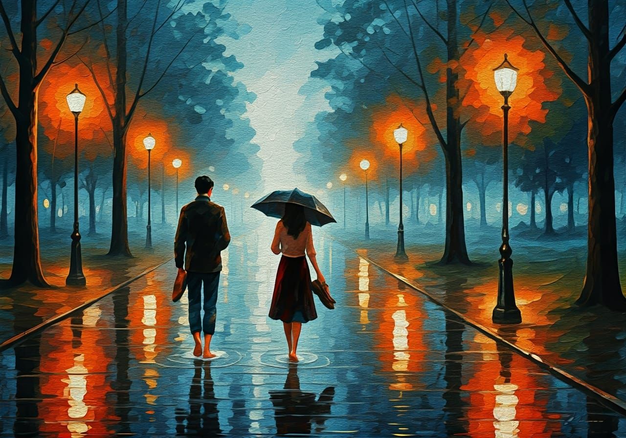 Rainy Park Walk: Impasto Oil Painting