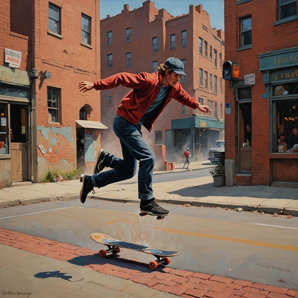 Skater Jumps Brick, Oil Painting Style