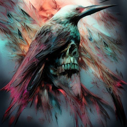 Raven and Skull in Glass Bottle: Impasto Art