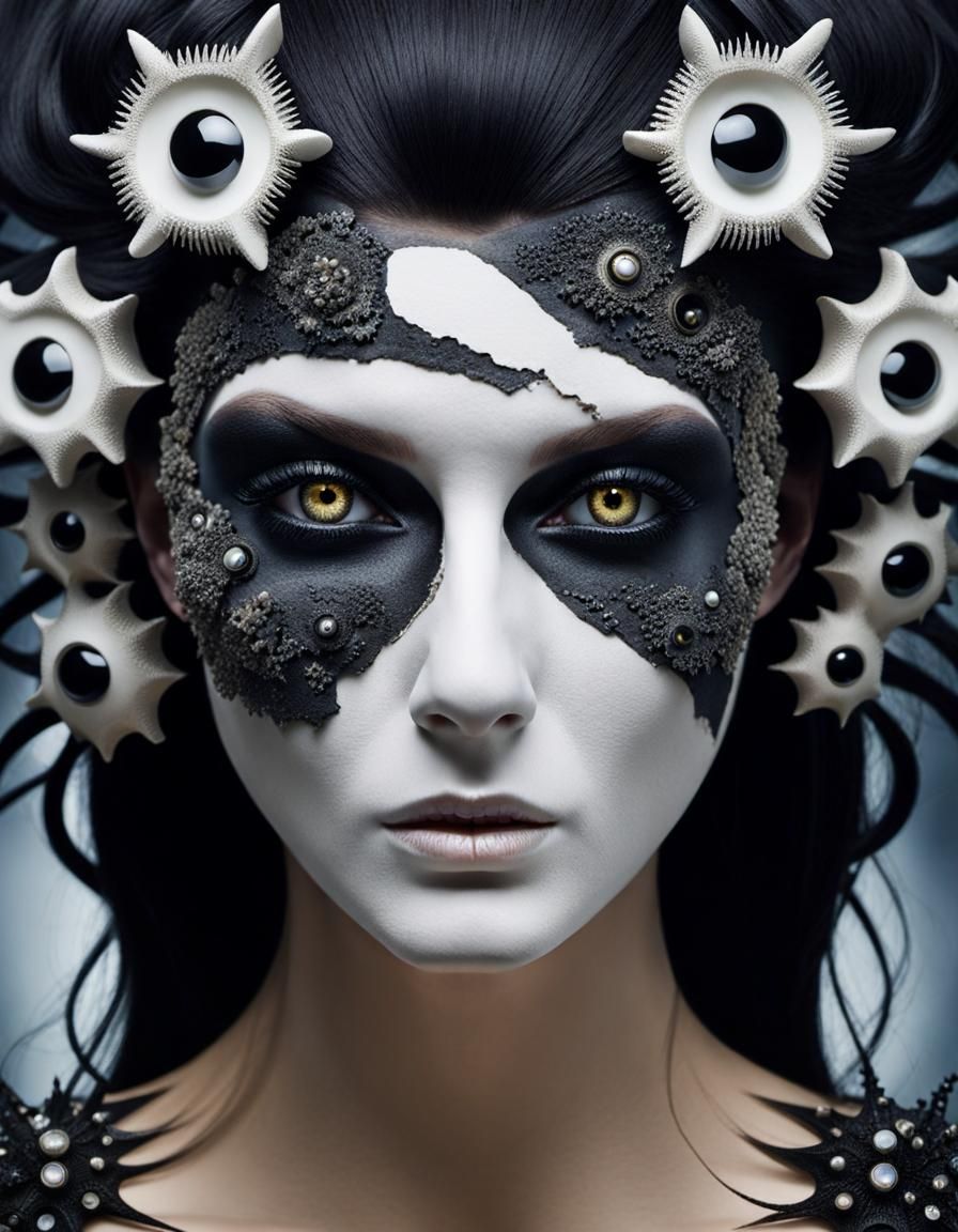 Surreal ethereal closeup image of ((cracking-plaster-face-gi...