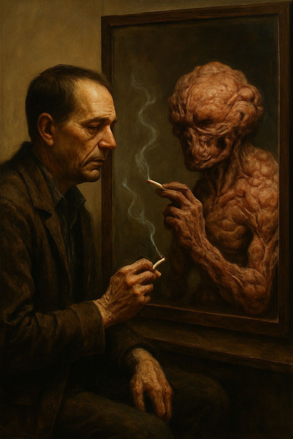 Surreal Reflection: Man Confronts Cancer as Oil Painting