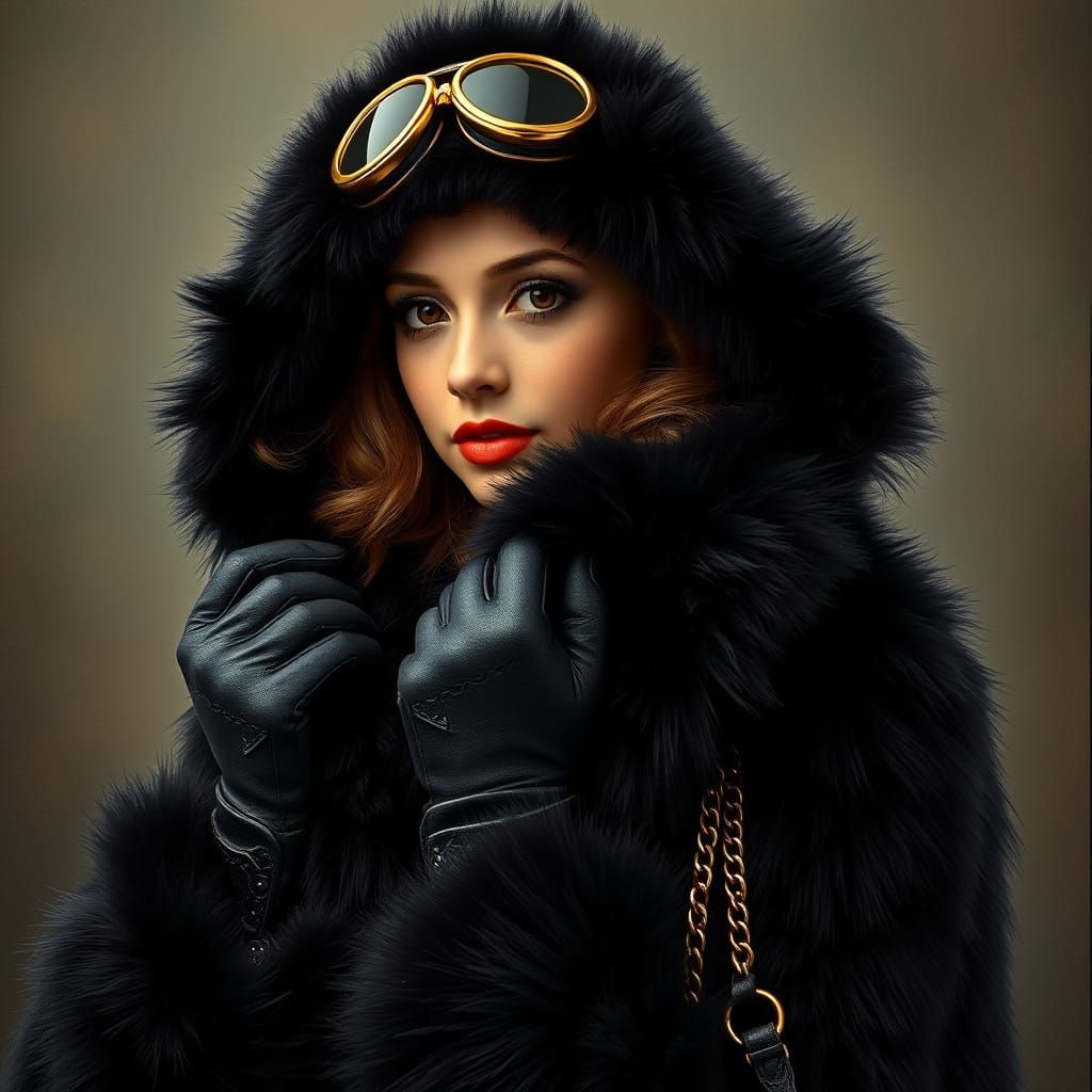 Elegant Woman in Luxurious Mink Coat with Art Deco Accents