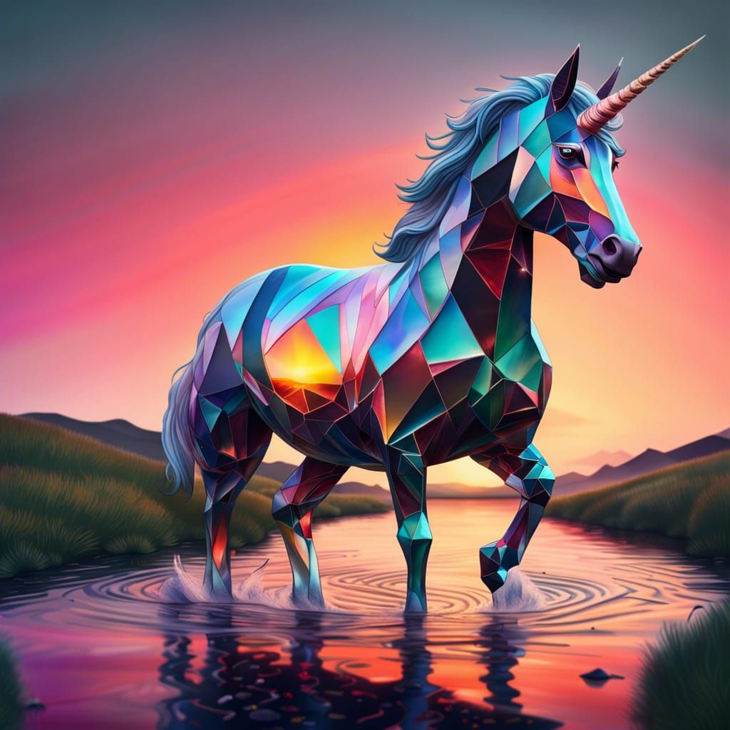 Geometric Glass Unicorn in Sunset Meadow