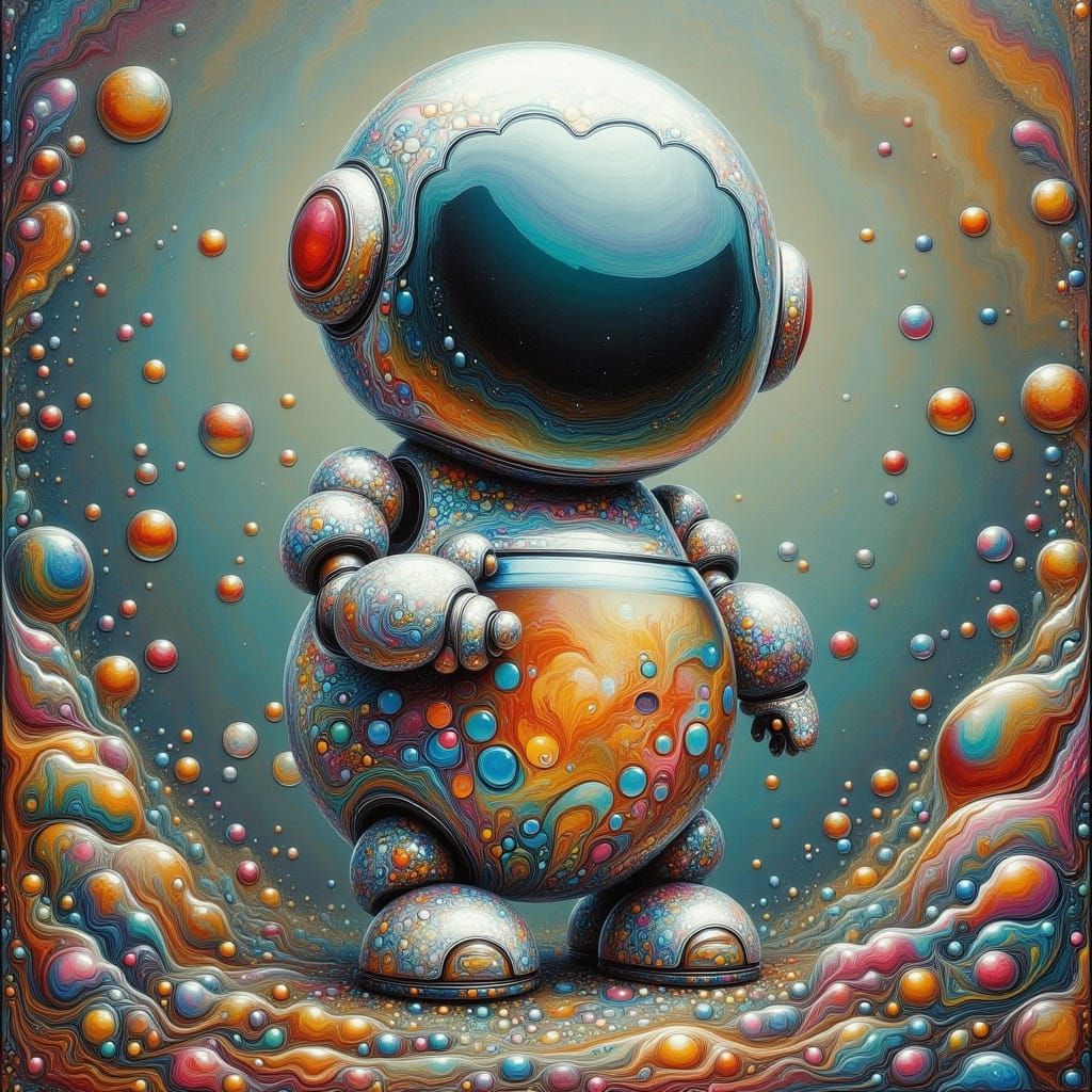 Cute Robot Holding a Fishbowl in Fluid Art Style