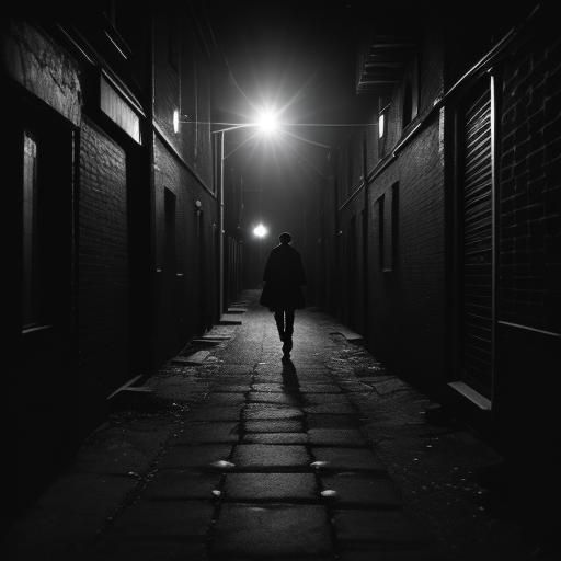 Dramatic Film Still of a Dark Alley at Night