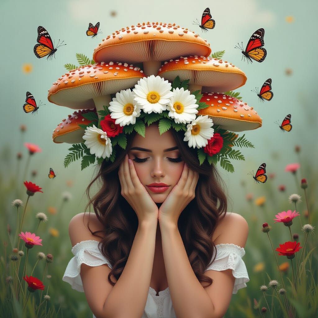 Surreal Woman with Emerging Flora, Dreamlike Painting