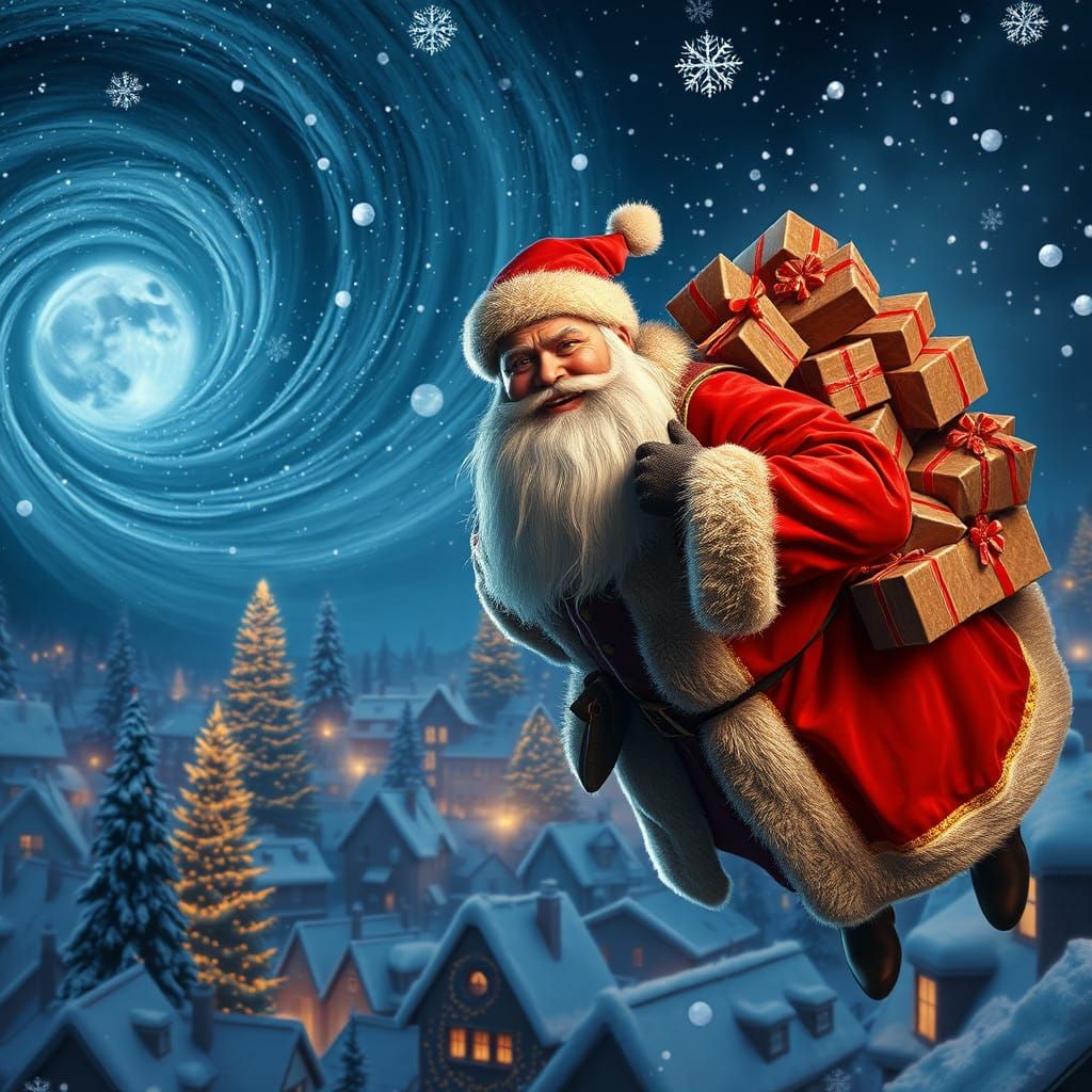 Jovial Christmas Figure Descends with Luxurious Gifts in Sno...