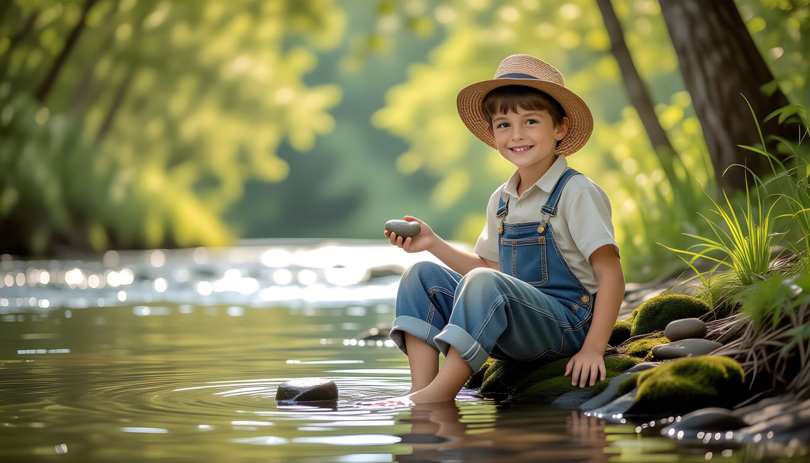 Boy Skipping Stones on Mossy Riverbank