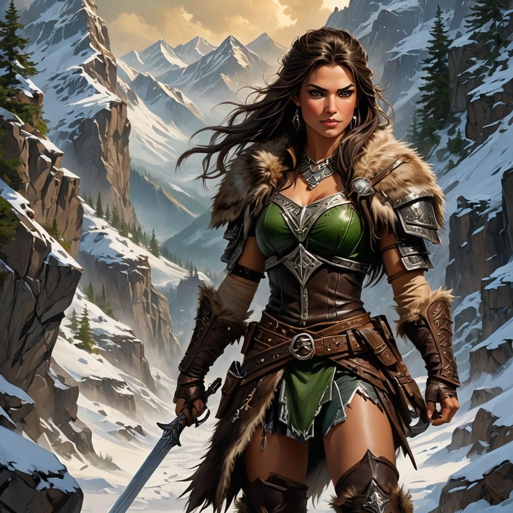 Beautiful Barbarian Warrior on Snowy Mountain Ledge