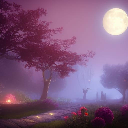 A foggy garden under a cloudy moon lit sky