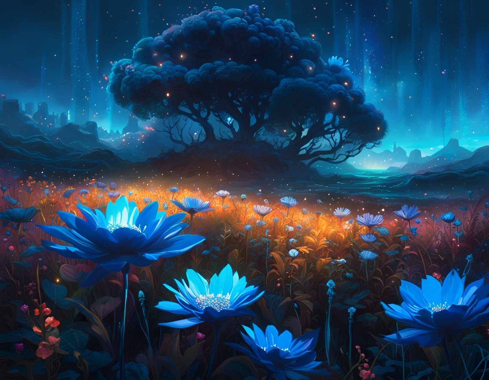 Bioluminescent Flowers at Sunrise in Surreal Style