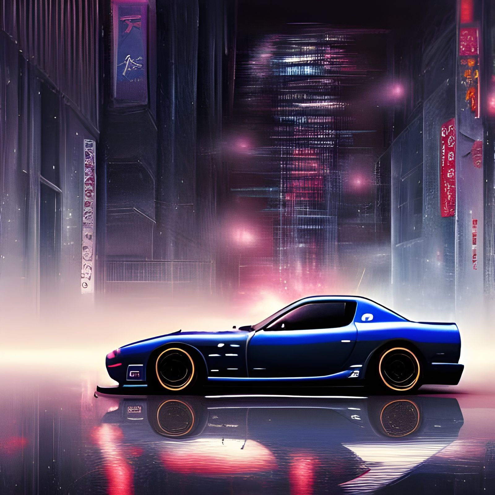 Mazda RX-7 Veilside in Midnight Tokyo: Hyperrealistic Art
