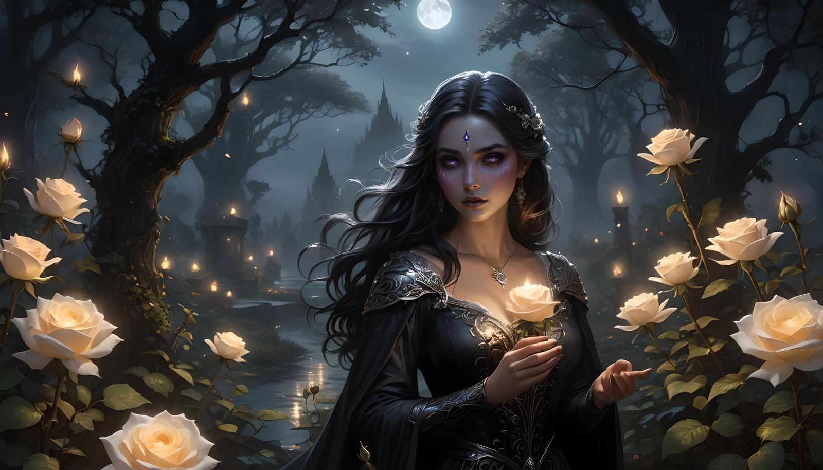 Enchanted Black Rose in Moonlight: Fantasy Art