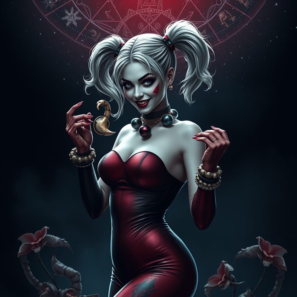 Mysterious Harley Quinn in Dark, Zodiac-Inspired Setting