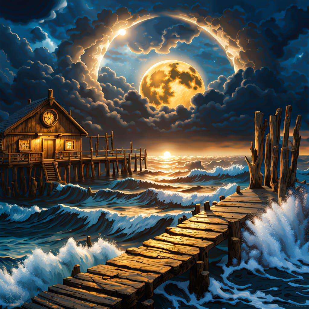 Golden Moon Over Stormy Ocean - Fine Art Photography