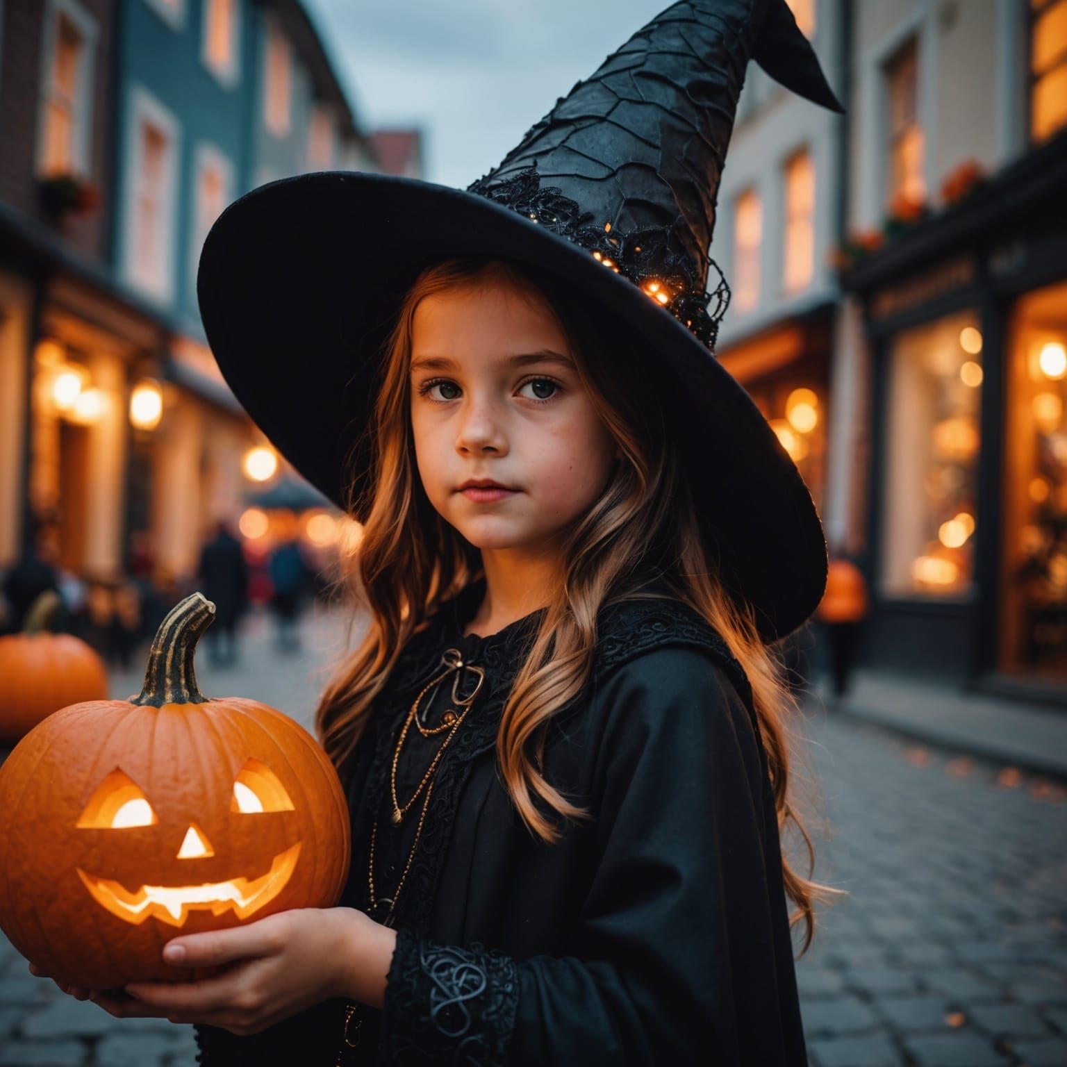 Cute Witch Girl with Pumpkin Candle, Halloween Street