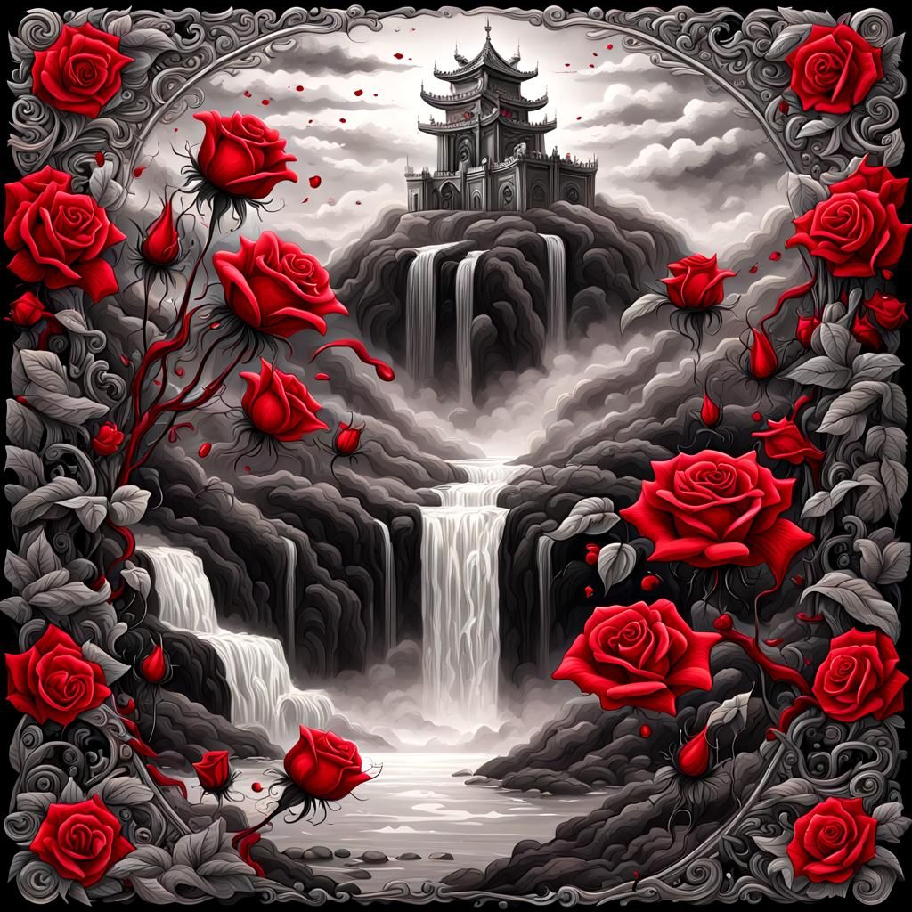 Waterfall of Blood and Roses with Filigree