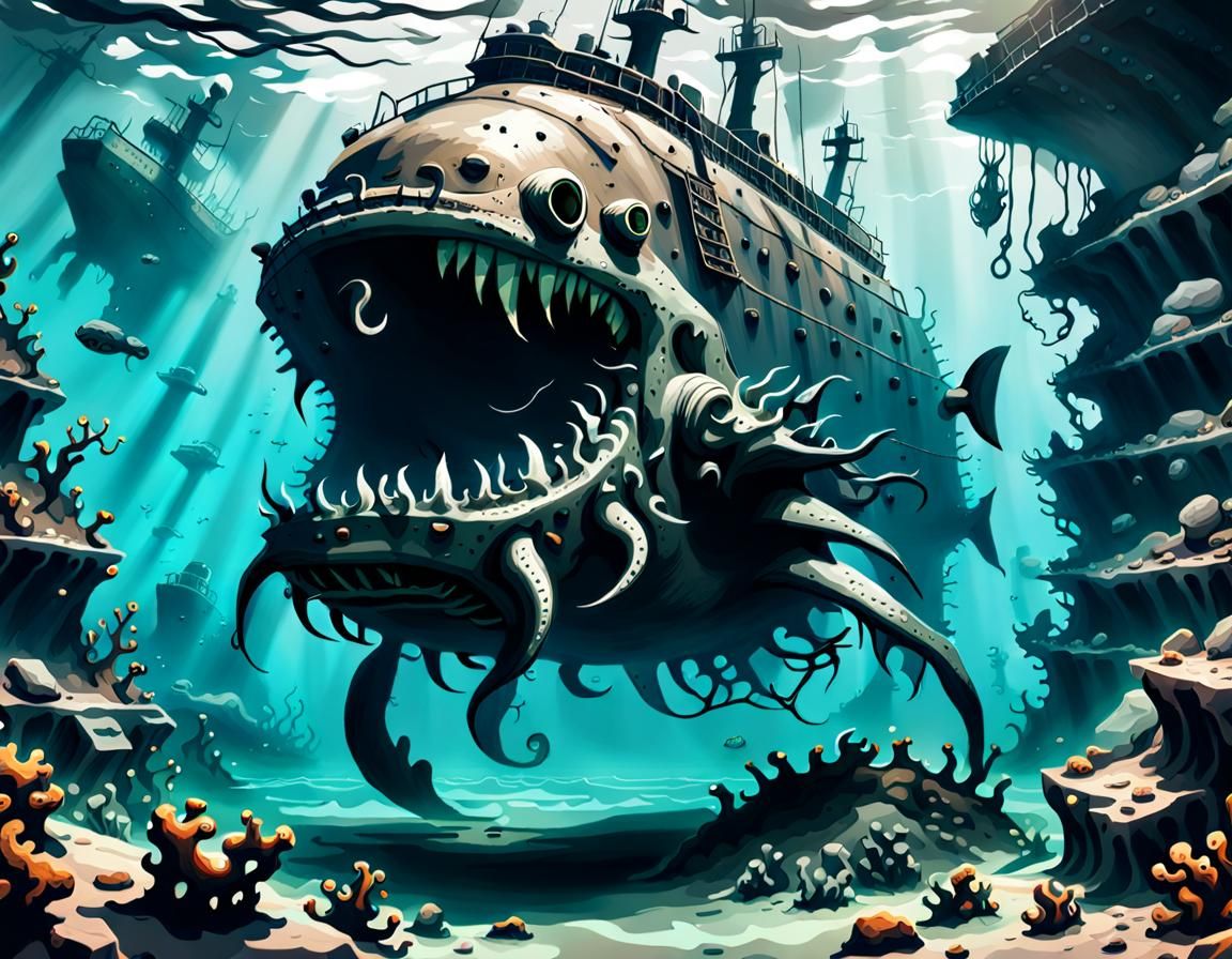 Lovecraftian Submarine Wreckage on Ocean Floor