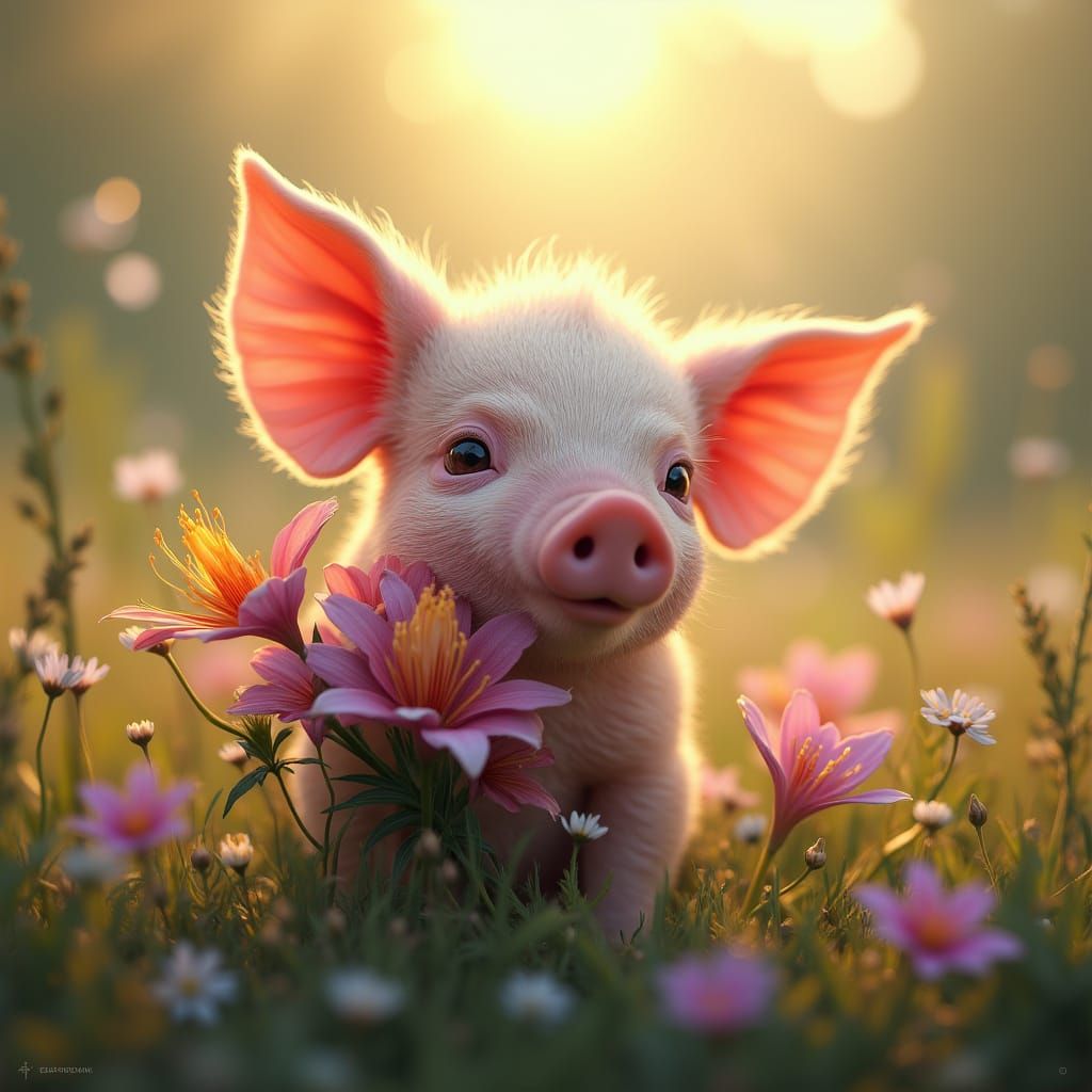 Whimsical Piglet in a Serene Floral Wonderland