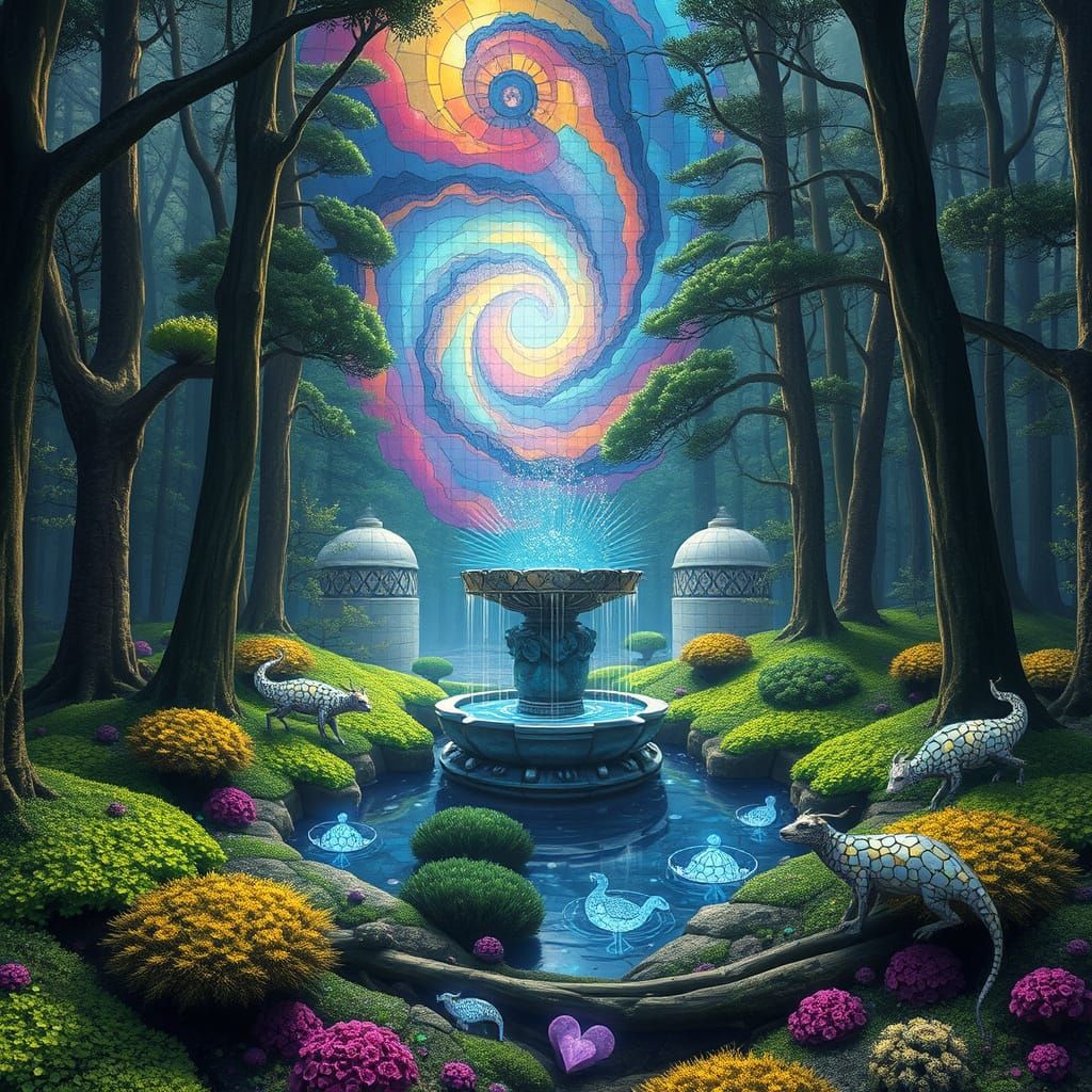 Stained Glass Fountain in Bioluminescent Forest