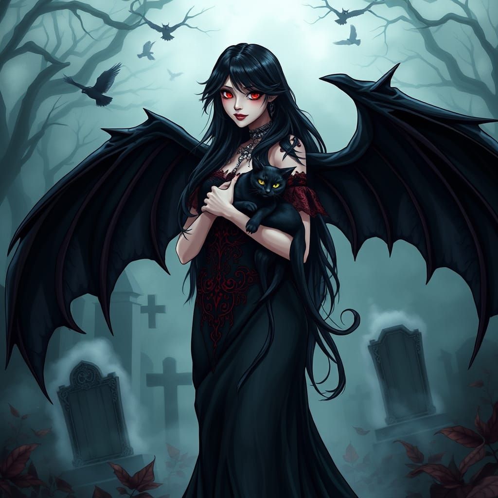 Vampire Woman Unfurls Dark Dragon Wings in Graveyard