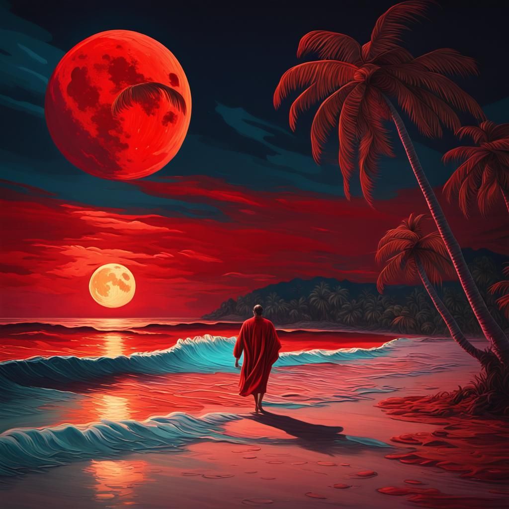 Surreal Tropical Beach with Red Moon, Salvador Dali Style
