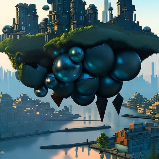 Surreal Floating Buildings Over Lake, Digital Art